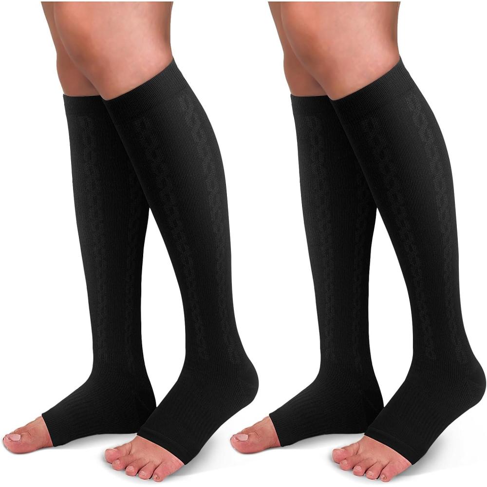 image:image3040mmHg Medical Graduated Compression Socks for WomenampMen CirculationCompression StockingsKnee High Socks for SupportHikingRunning62 Pack Open Toe Black