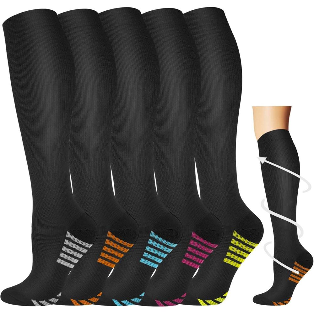image:imageGraduated Compression Socks for WomenampMen 2030mmhg Knee High Socks Travel Hiking Running Stocking045 Pairs Multi Stripe