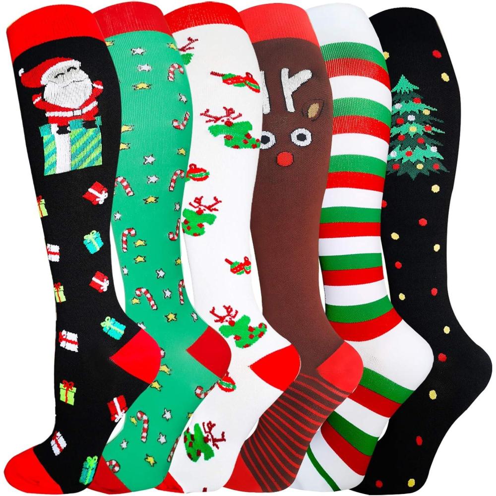image:imageGraduated Compression Socks for WomenampMen 2030mmhg Knee High Socks Travel Hiking Running Stocking066 Pairs Christmas series