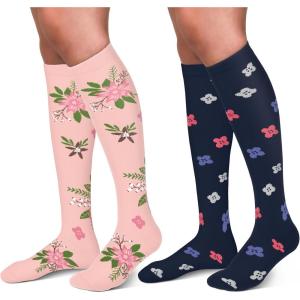 30-40mmHg Medical Graduated Compression Socks for Women&Men Circulation-Compression Stockings-Knee High Socks for Support,Hiking,Running(7-2 Pack Flowers Navy Pink)