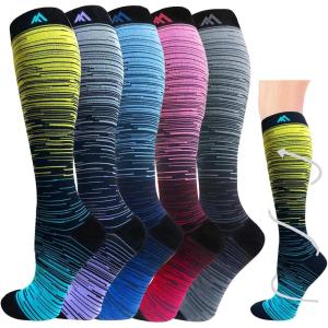 Graduated Compression Socks for Women&Men 20-30mmhg Knee High Socks Travel Hiking Running Stocking(05-5 Pairs Multi Stripe 02)