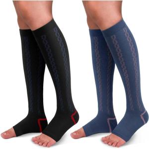 30-40mmHg Medical Graduated Compression Socks for Women&Men Circulation-Compression Stockings-Knee High Socks for Support,Hiking,Running(6-2 Pack Open Toe Stripe Black  Navy)