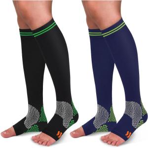 30-40mmHg Medical Graduated Compression Socks for Women&Men Circulation-Compression Stockings-Knee High Socks for Support,Hiking,Running(6-2 Pack Open Toe Polka Dots Black  Navy)