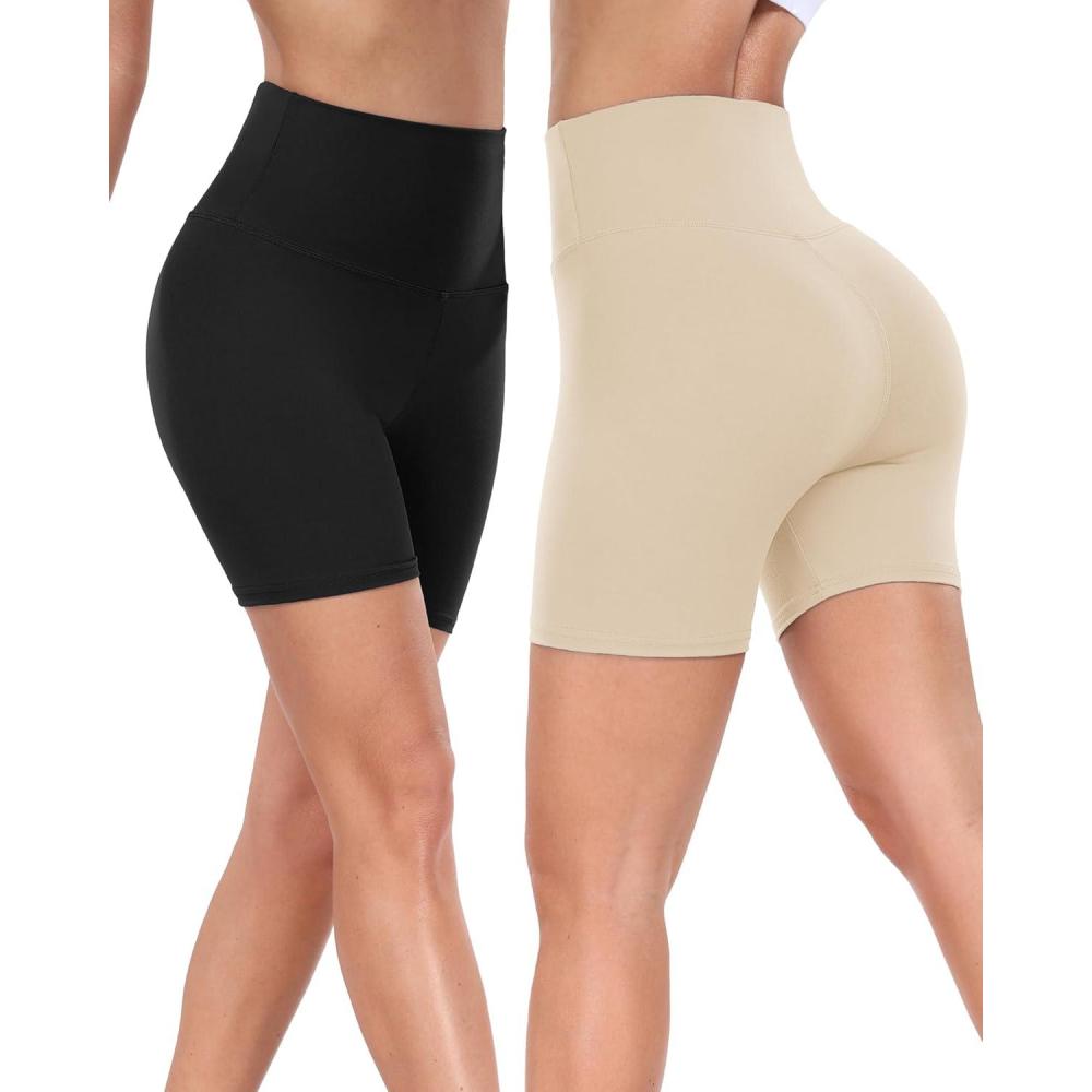 image:imageHi Clasmix 2 Pack Biker Shorts for Women5 Tummy Control Fitness Athletic Workout Running Yoga Gym ShortsBlackLight Khaki