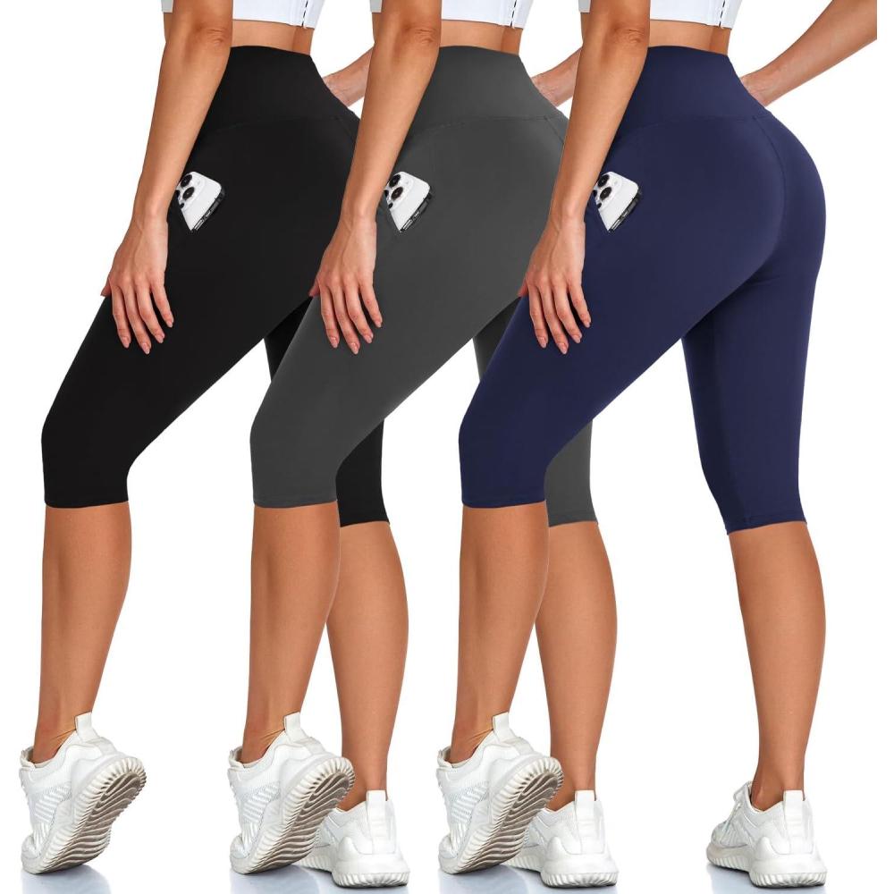 image:imageHigh Waisted 3 Pack Womens Capri Pants  Knee Length Yoga Shorts Biker Workout Leggings for WomenSummer ActivewearBlackGreyNavy With Pockets