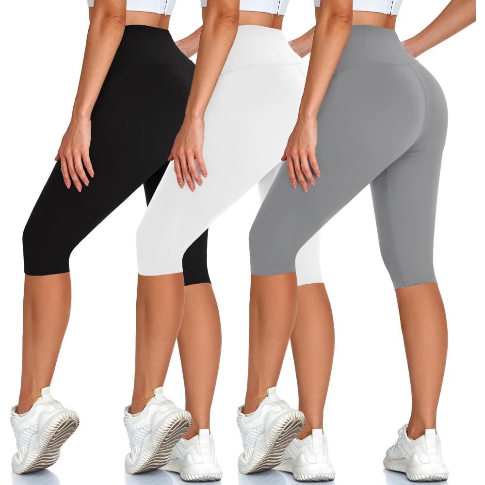 image:imageHigh Waisted 3 Pack Womens Capri Pants  Knee Length Yoga Shorts Biker Workout Leggings for WomenSummer ActivewearBlackWhiteLight Grey