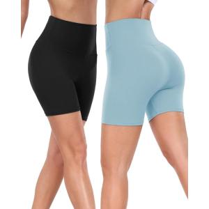 Hi Clasmix 2 Pack Biker Shorts for Women-5″ Tummy Control Fitness Athletic Workout Running Yoga Gym Shorts(Black/Light Blue)
