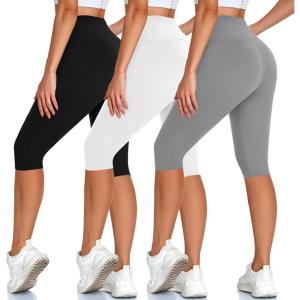 High Waisted 3 Pack Women’s Capri Pants – Knee Length Yoga Shorts, Biker Workout Leggings for Women,Summer Activewear(Black/White/Light Grey)