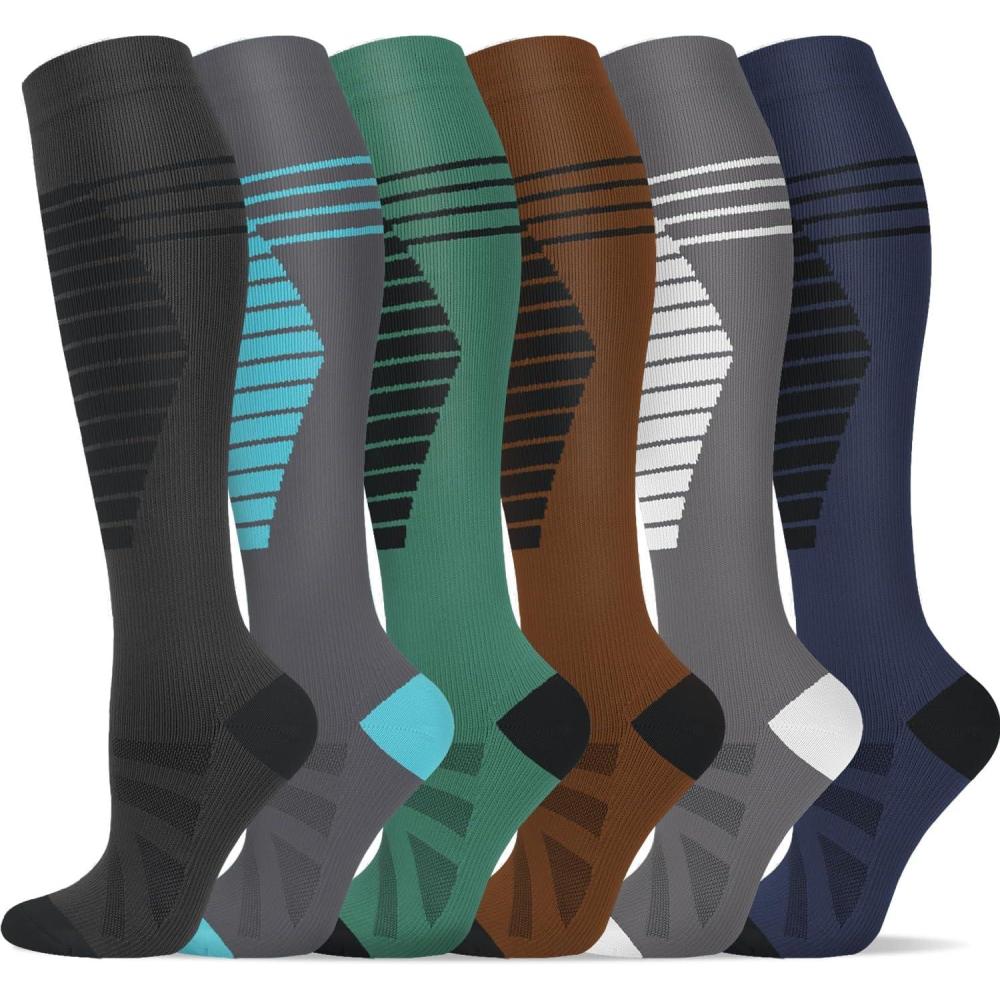 image:imageGraduated Compression Socks for WomenampMen 2030mmhg Knee High Socks Travel Hiking Running Stocking066 Pairs Multi Stripe05