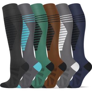 Graduated Compression Socks for Women&Men 20-30mmhg Knee High Socks Travel Hiking Running Stocking(06-6 Pairs Multi Stripe05)